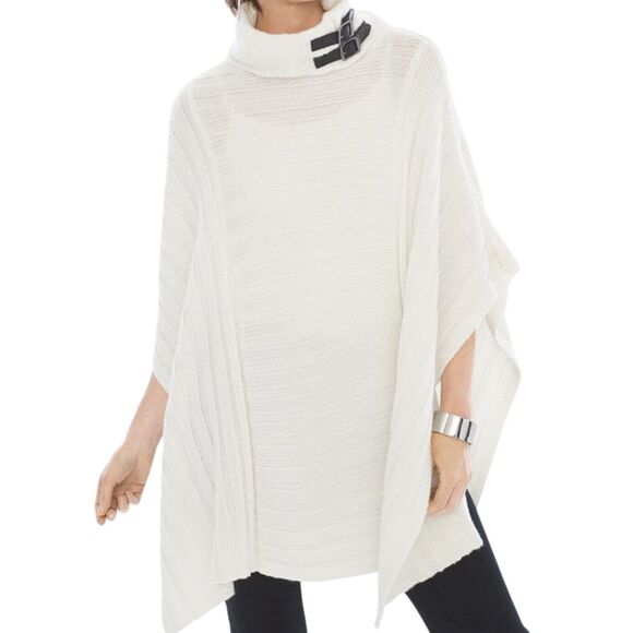Chico’s Black Label Wool Cream Cashmere Blend Turtleneck Poncho Cape Buckle‎ S/M - Picture 4 of 13